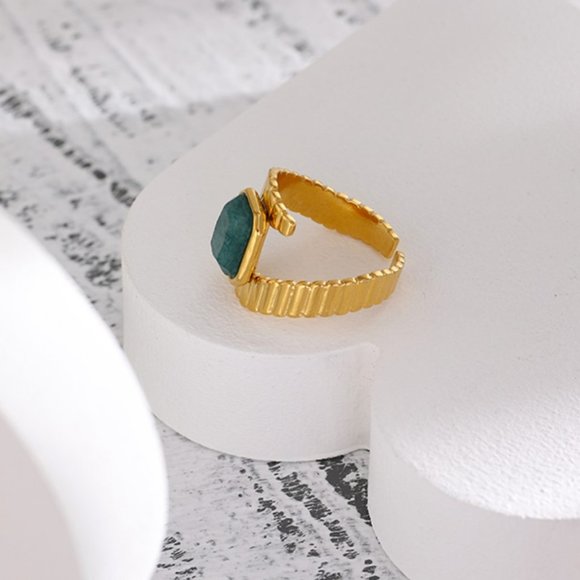 Stainless Steel Blue Apatite Ring Statement Metal Gold Opening Ring - Picture 6 of 11